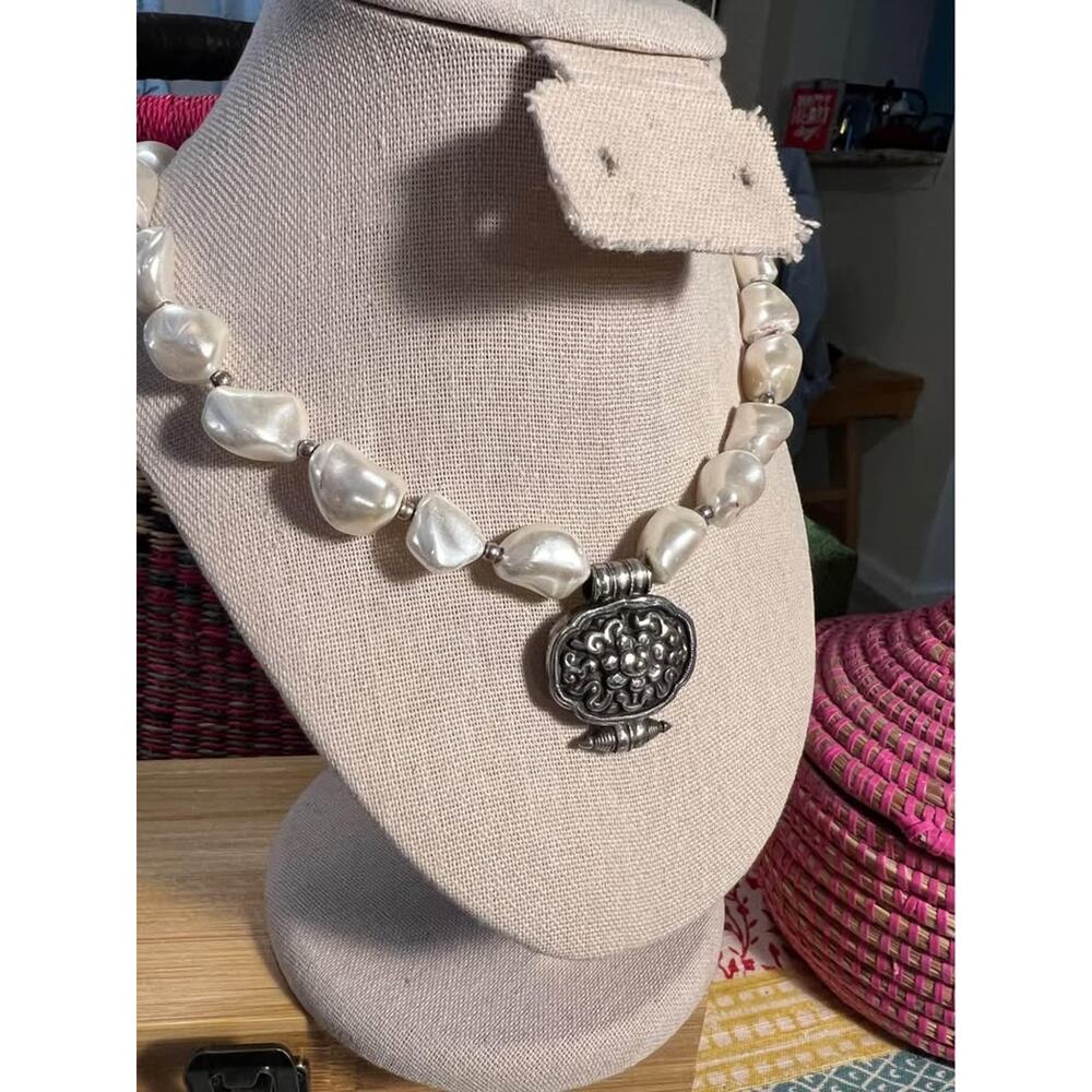 Faux pearl glass bead and sterling necklace with sterling pendant